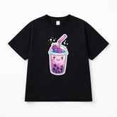 Girls Cute Smoothie Graphic Black Down Shoulder T-shirt