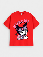 Girls Kuromi Cartoon Character Red Down Shoulder T-shirt