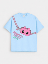 Girls Cute Sling Bag Print Blue Down Shoulder T-shirt