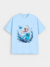 Girls Ice Princess Elsa Print Blue Down Shoulder T-shirt