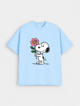 Girls Snoopy Flower Print Blue Down Shoulder T-shirt