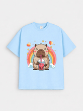 Girls Cute Capybara Rainbow Print Blue Down Shoulder T-shirt