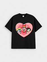 Girls Cartoon Super Sisters Black Down Shoulder T-shirt