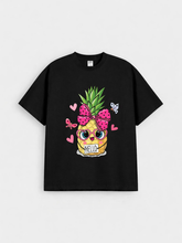 Girls Cute Pineapple Black Down ShoulderT-shirt