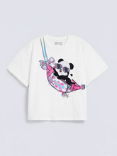 Girls Cute Panda Print White Down Shoulder T-shirt