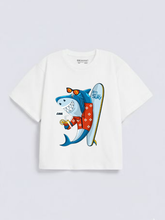 Boys Cool Surfing Shark Print White Down Shoulder T-shirt