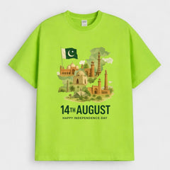 Lime Green 14 August Independence Day Design Downshoulder T-Shirt (AZADI)