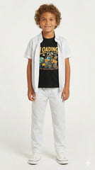Boys White & Black Printed Loader Truck Cartoon Casual Tracksuit (Summer)