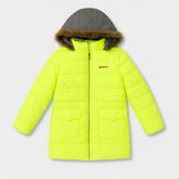Neon fur cap puffer jacket