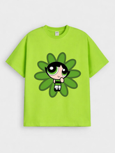 Girls Cartoon Blossom Powerpuff Print Green Down Shoulder T-shirt