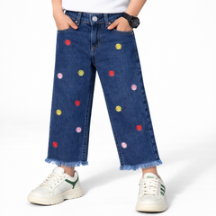 Girls Navy Blue Floral embroided Denim Pant