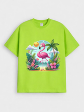 Girls Cartoon Flamingo Tropical Print Green Down Shoulder T-shirt