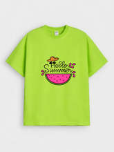 Girls Hello Summer Watermelon Print Green Down Shoulder T-shirt