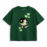Girls Powerpuff Girl Buttercup Print Green Down Shoulder T-shirt