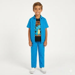 Boys Blue Printed Cartoon Dinosaur Design Tracksuit (Summer)