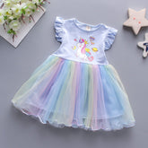 Girls blue unicorn multi frill frock