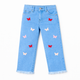 Girls Blue Butterfly embroided Denim Pant
