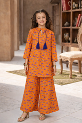 Girls Orange Floral Print shalwar kameez (Summer)