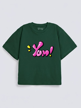 Girls Yom Text Print Green Down Shoulder T-shirt
