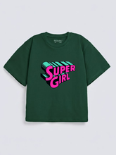 Girls Super Girl Text Print Green Down Shoulder T-shirt