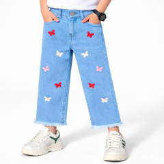 Girls Blue Butterfly embroided Denim Pant