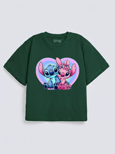Girls Cute Stitch Couple Print Green Down Shoulder T-shirt
