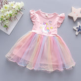 Girls pink unicorn multi frill frock