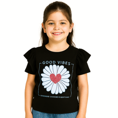 Girls black flower printed T-shirt