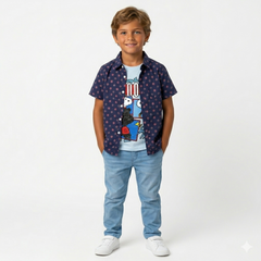Boys Navy Printed Geometric Design Double Casual Shirt