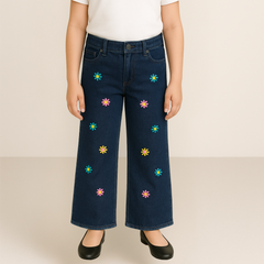 Girls dark blue flower embroidered flapper pant