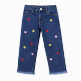 Girls Navy Blue Floral embroided Denim Pant