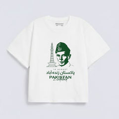 White Quaid-e-Azam Independence Day Print Downshoulder T-Shirt (AZADI)