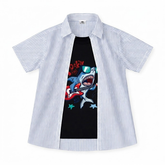 Boys Striped Shark Graphic Printed Double Casual Shirt