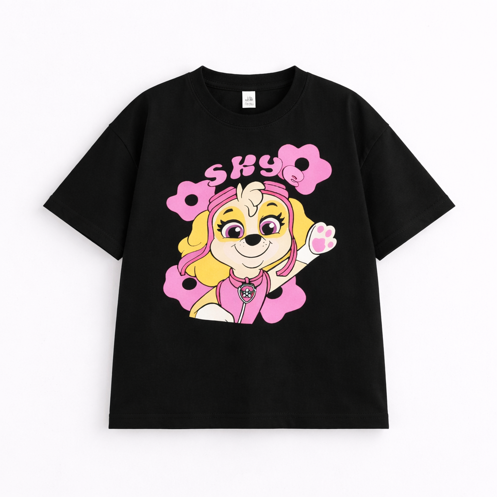 Girls Cartoon Puppy Black Down Shoulder T-shirt