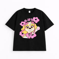 Girls Cartoon Puppy Black Down Shoulder T-shirt