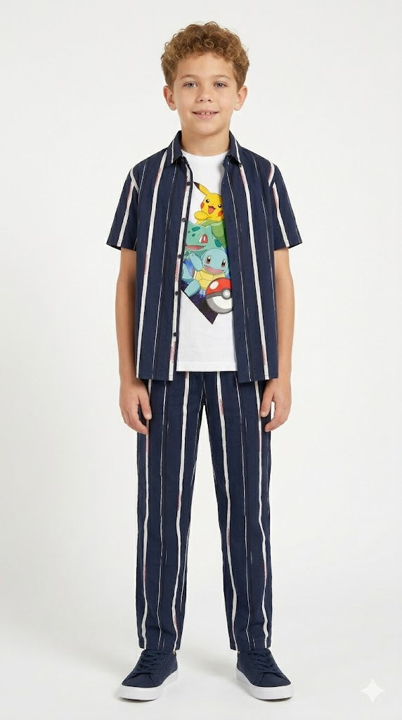 Boys Navy Blue Striped Cartoon Printed Casual Tracksuit (Summer)