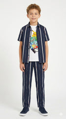 Boys Navy Blue Striped Cartoon Printed Casual Tracksuit (Summer)