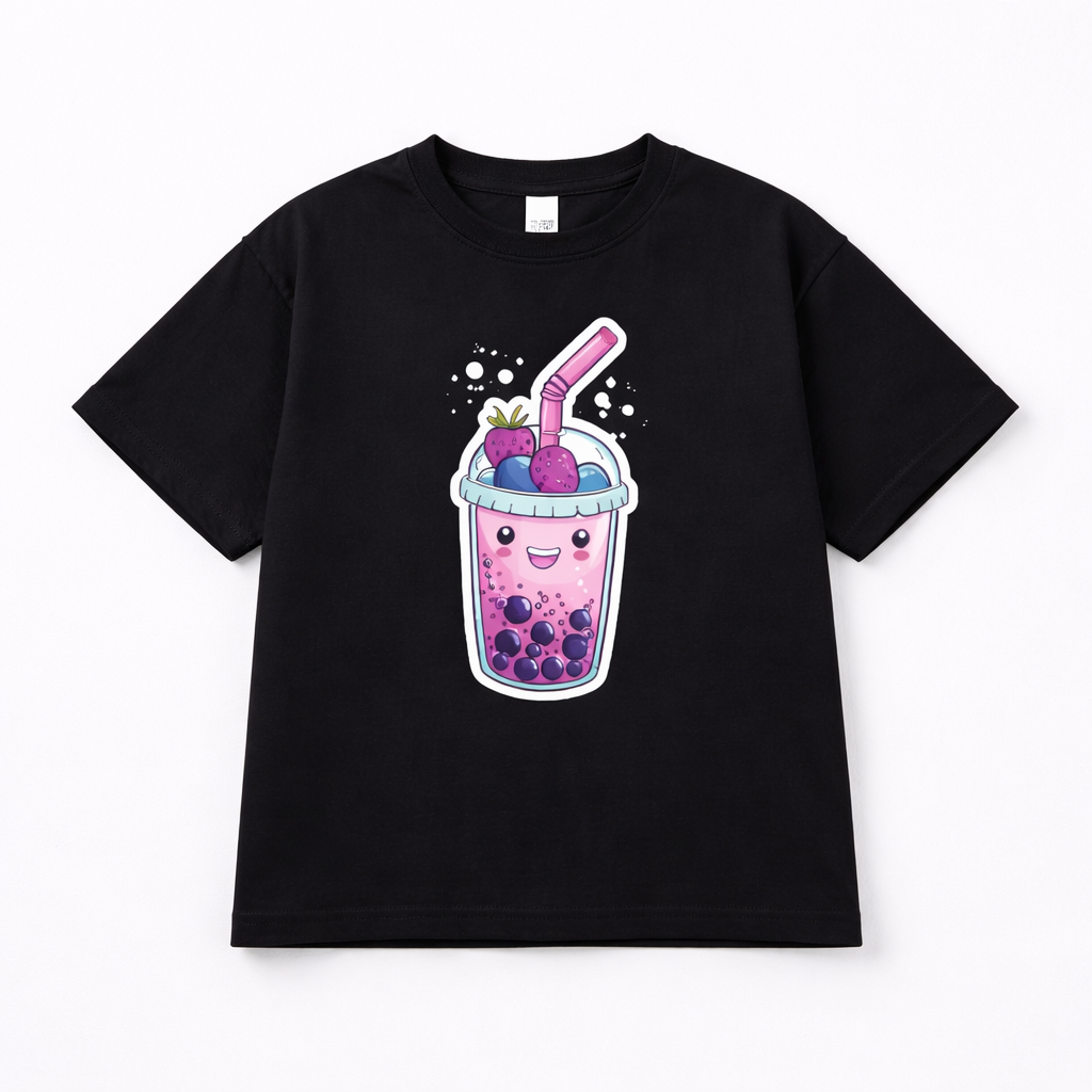 Girls Cute Smoothie Graphic Black Down Shoulder T-shirt
