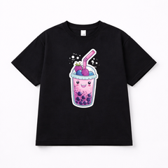 Girls Cute Smoothie Graphic Black Down Shoulder T-shirt