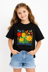 Girls Summer Flowers Black Down Shoulder T-shirt