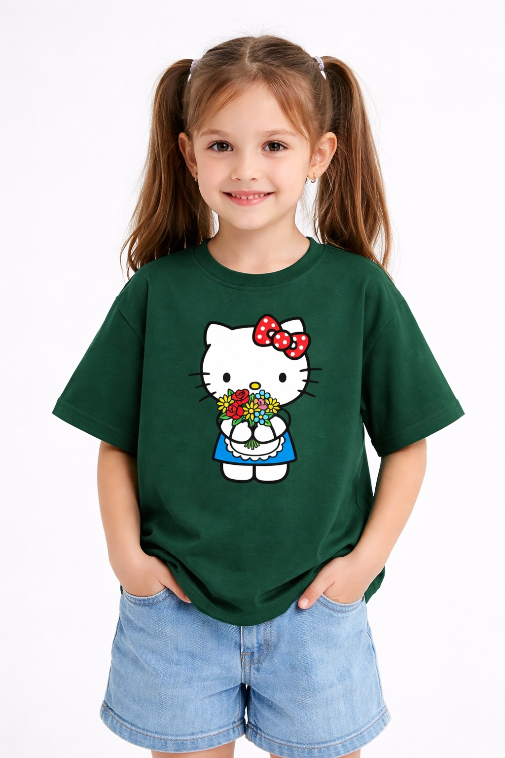 Girls Hello Kitty Print Green Down Shoulder T-shirt