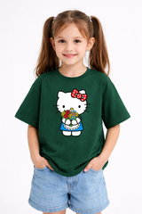 Girls Hello Kitty Print Green Down Shoulder T-shirt