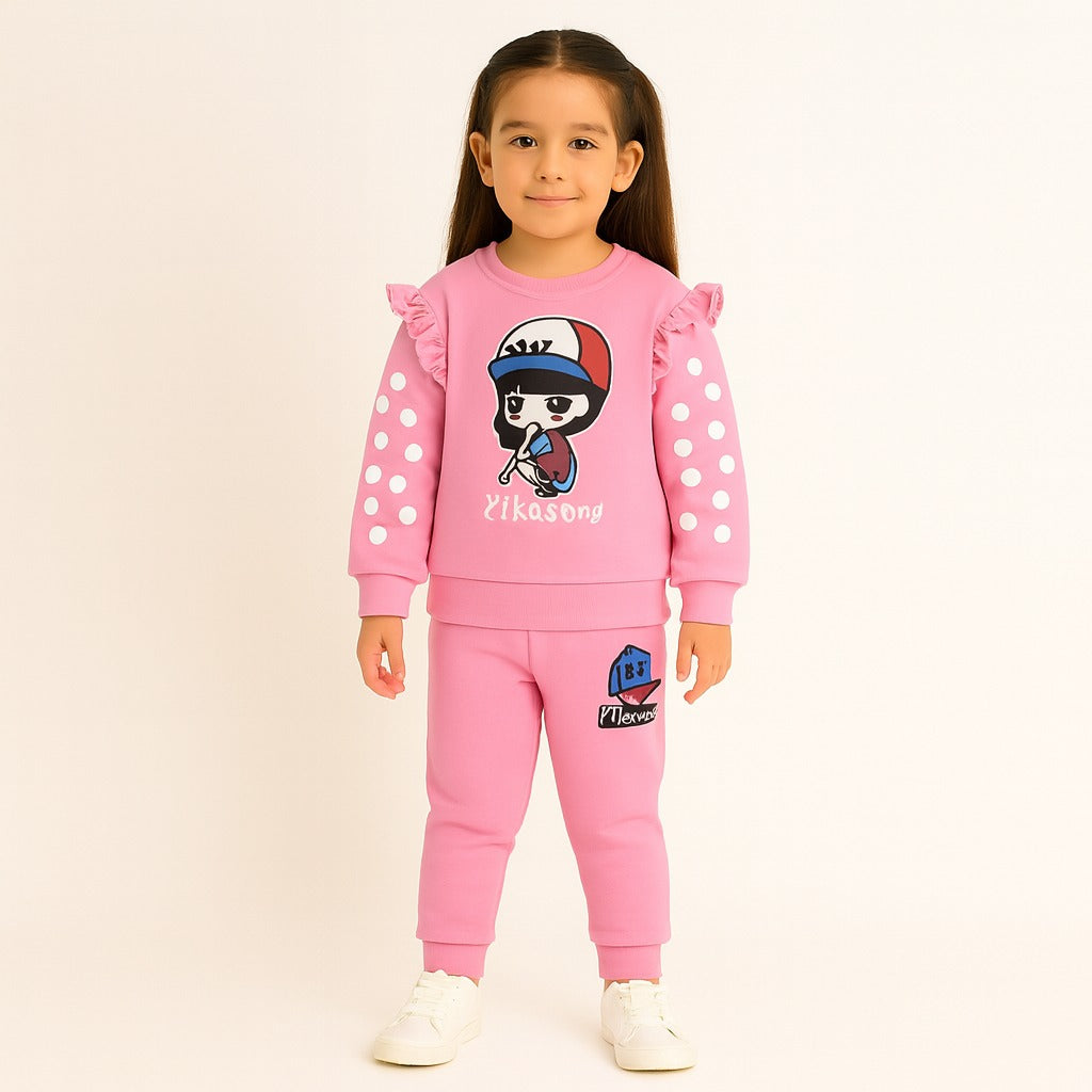 Girls baby pink frilled sleeves imported tracksuit