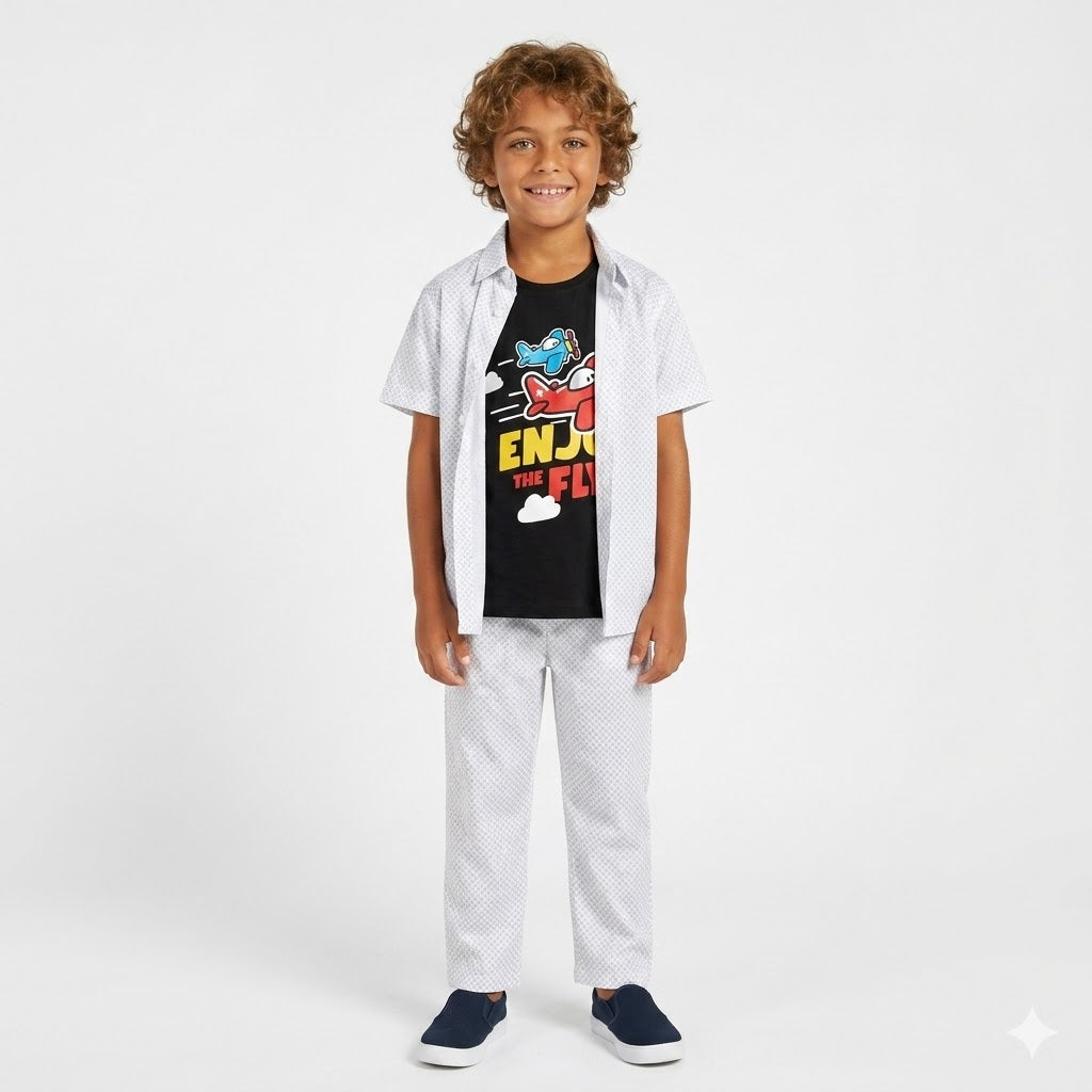 Boys White Printed Airplane Design Tracksuit (Summer)