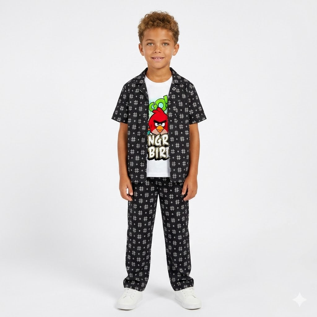 Boys Black Printed Angry Birds Cartoon Casual Tracksuit (Summer)