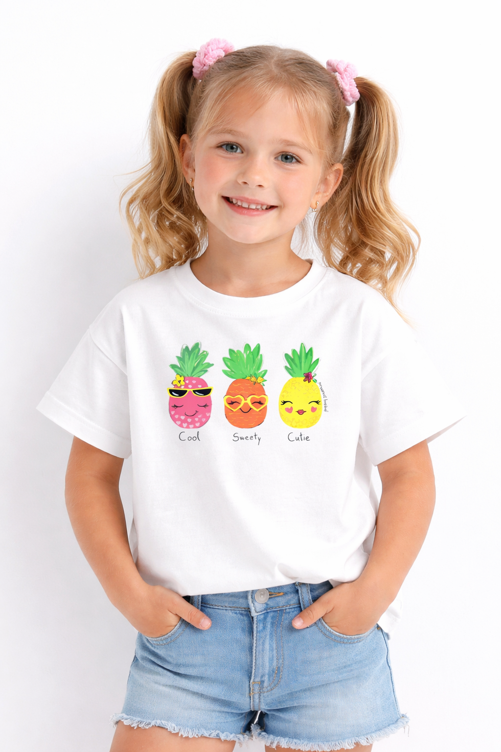 Girls Cute Pineapple Print White Down Shoulder T-shirt