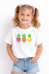 Girls Cute Pineapple Print White Down Shoulder T-shirt