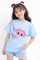 Girls Cute Sling Bag Print Blue Down Shoulder T-shirt