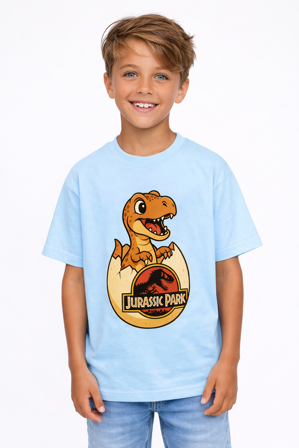 Boys Dinosaur Hatchling Sky Blue Down Shoulder T-shirt