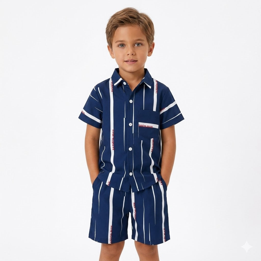 Boys Navy Blue Striped Printed Tracksuit (Summer)